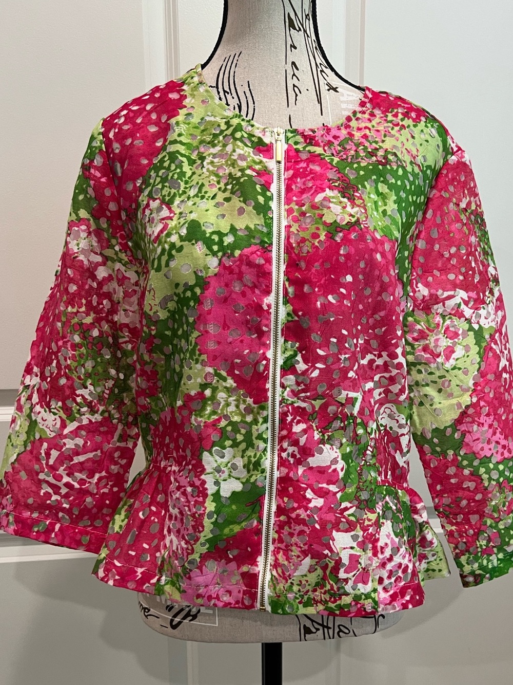 Ruby Rd. Pink & Green Floral Zip Peplum Jacket. Size 14